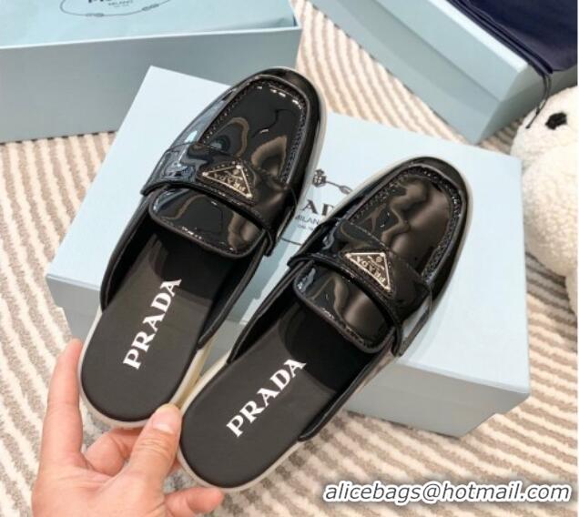 Duplicate Prada Patent Leather Sabots Flat Mules Black 1D270N 612107