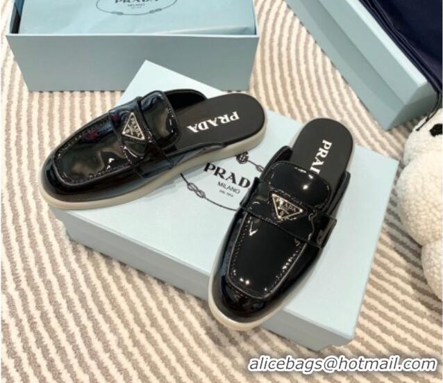 Duplicate Prada Patent Leather Sabots Flat Mules Black 1D270N 612107