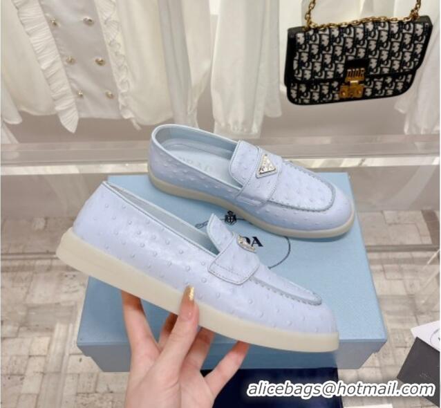 Duplicate Prada Ostrich-Embossed Leather Loafers Light Blue 1D222N 612125