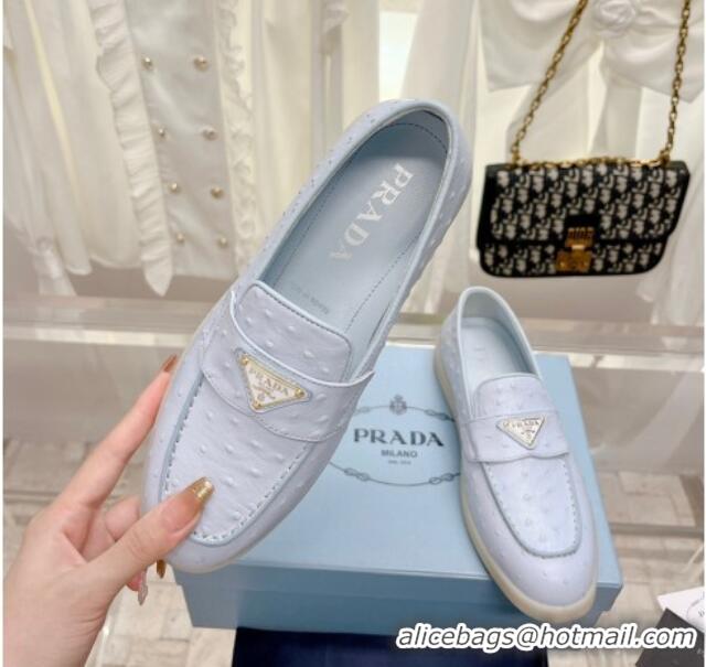 Duplicate Prada Ostrich-Embossed Leather Loafers Light Blue 1D222N 612125