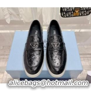 Low Price Prada Ostrich-Embossed Leather Loafers Black 1D222N 612127