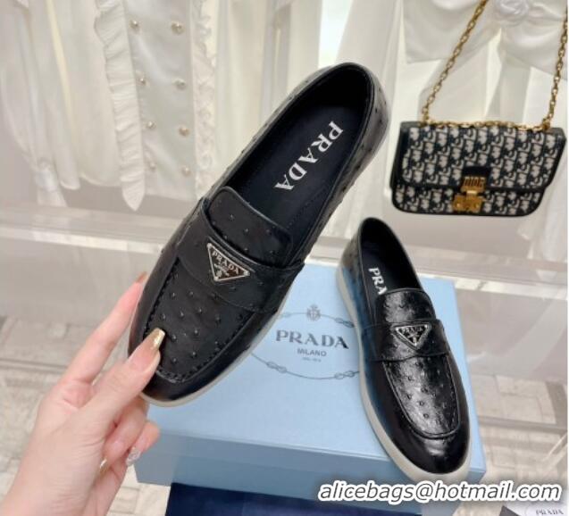 Low Price Prada Ostrich-Embossed Leather Loafers Black 1D222N 612127