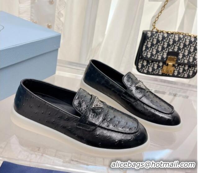 Low Price Prada Ostrich-Embossed Leather Loafers Black 1D222N 612127