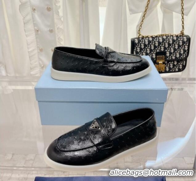 Low Price Prada Ostrich-Embossed Leather Loafers Black 1D222N 612127