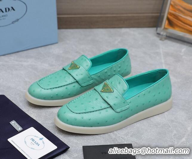 Best Product Prada Ostrich-Embossed Leather Loafers Green 1D222N 612130