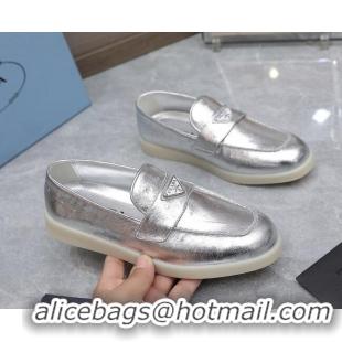 Shop Duplicate Prada Metallic Leather Loafers Silver 1D222N 612131