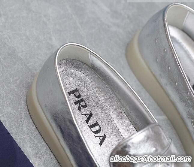 Shop Duplicate Prada Metallic Leather Loafers Silver 1D222N 612131