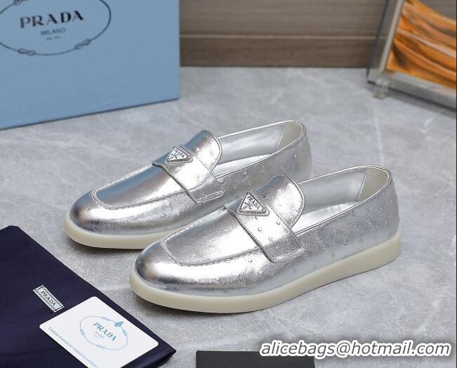 Shop Duplicate Prada Metallic Leather Loafers Silver 1D222N 612131