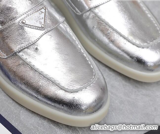 Shop Duplicate Prada Metallic Leather Loafers Silver 1D222N 612131