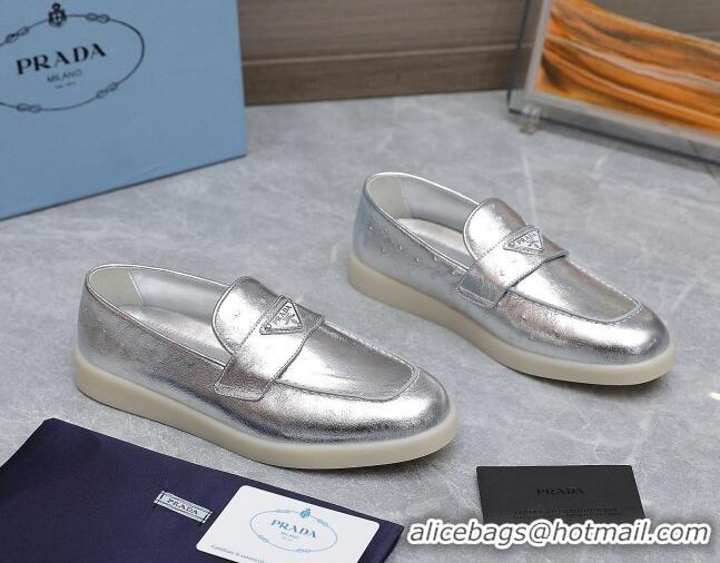 Shop Duplicate Prada Metallic Leather Loafers Silver 1D222N 612131