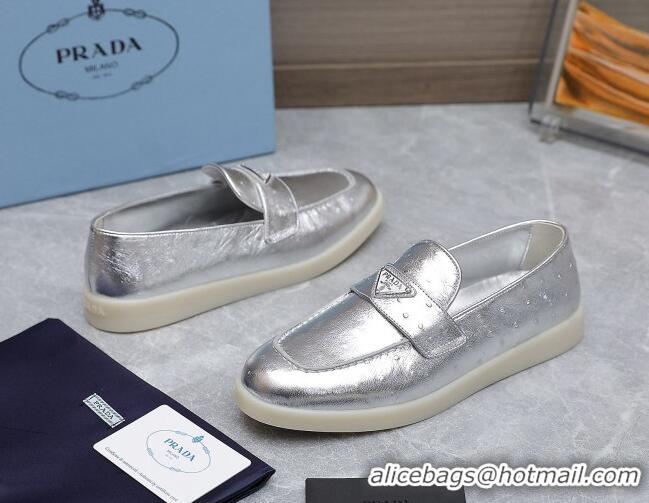 Shop Duplicate Prada Metallic Leather Loafers Silver 1D222N 612131