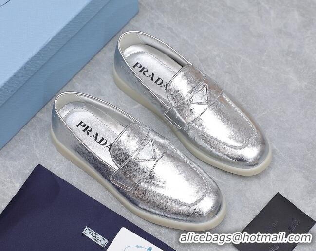 Shop Duplicate Prada Metallic Leather Loafers Silver 1D222N 612131