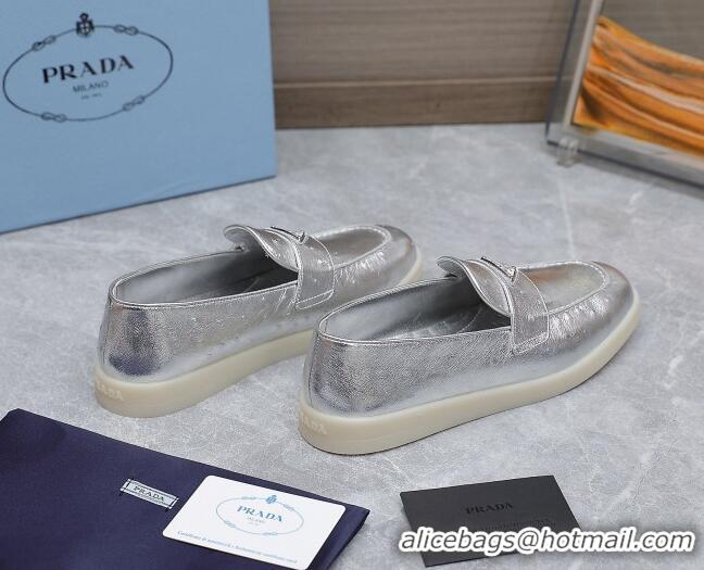 Shop Duplicate Prada Metallic Leather Loafers Silver 1D222N 612131