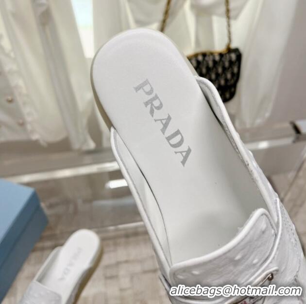 Pretty Style Prada Ostrich-Embossed Leather Sabots Flat Mules White 1D270N 612132