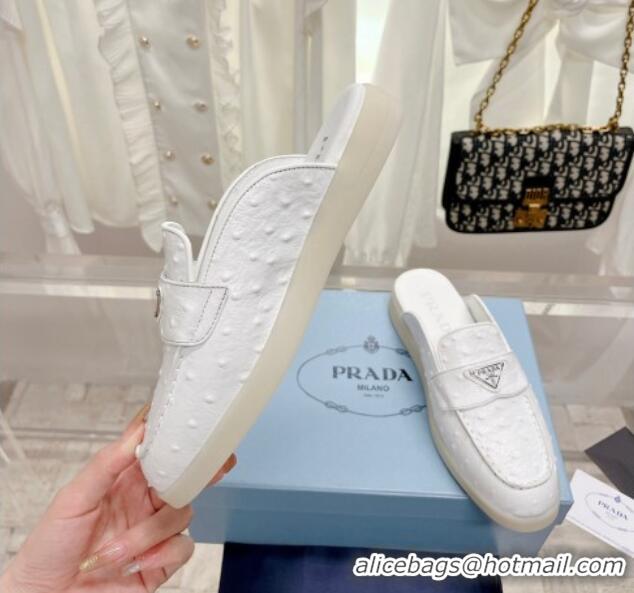 Pretty Style Prada Ostrich-Embossed Leather Sabots Flat Mules White 1D270N 612132