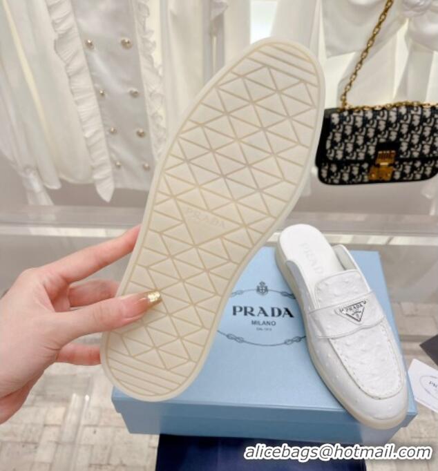 Pretty Style Prada Ostrich-Embossed Leather Sabots Flat Mules White 1D270N 612132