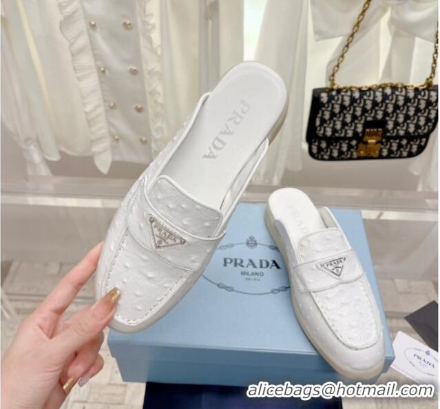 Pretty Style Prada Ostrich-Embossed Leather Sabots Flat Mules White 1D270N 612132