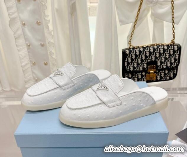 Pretty Style Prada Ostrich-Embossed Leather Sabots Flat Mules White 1D270N 612132