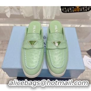 Top Grade Prada Ostrich-Embossed Leather Sabots Flat Mules Light Green 1D270N 612133