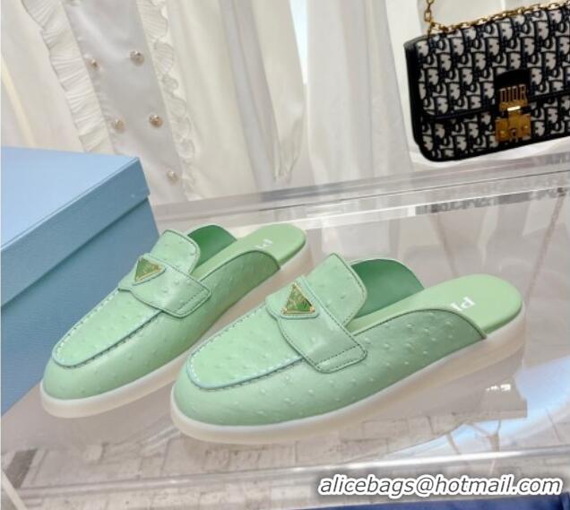 Top Grade Prada Ostrich-Embossed Leather Sabots Flat Mules Light Green 1D270N 612133