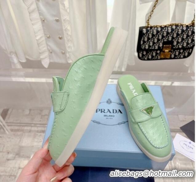 Top Grade Prada Ostrich-Embossed Leather Sabots Flat Mules Light Green 1D270N 612133