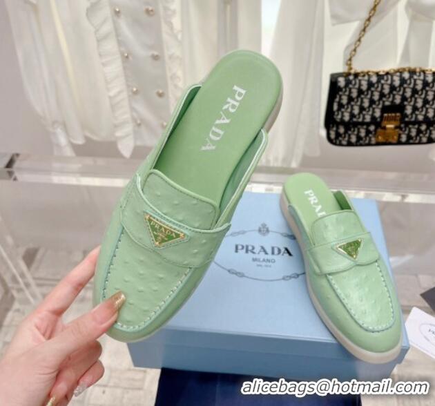 Top Grade Prada Ostrich-Embossed Leather Sabots Flat Mules Light Green 1D270N 612133