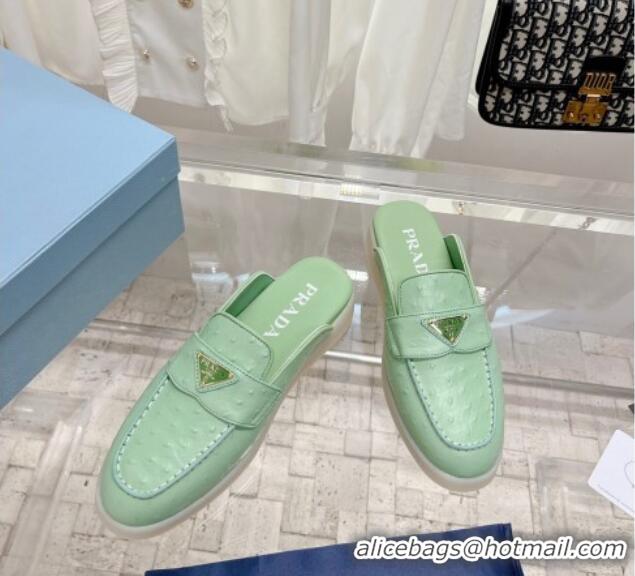 Top Grade Prada Ostrich-Embossed Leather Sabots Flat Mules Light Green 1D270N 612133