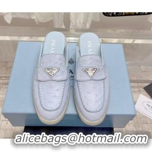 Good Quality Prada Ostrich-Embossed Leather Sabots Flat Mules Light Blue 1D270N 612134