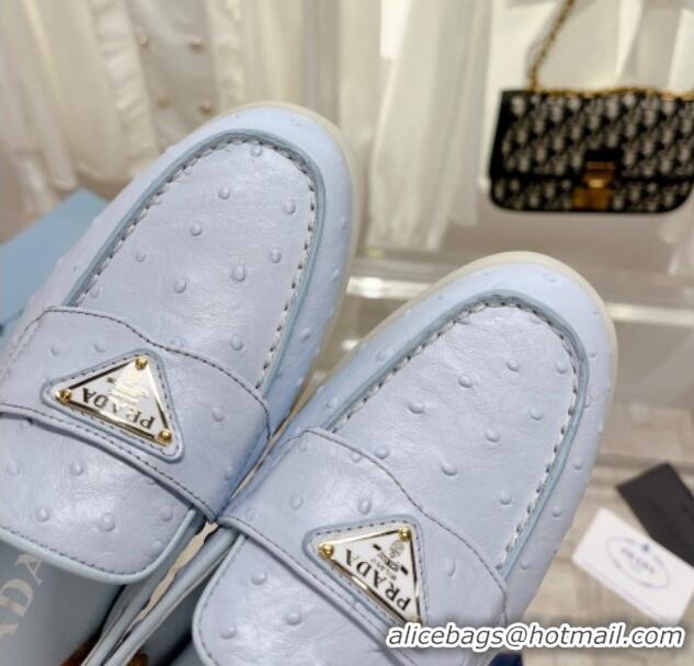 Good Quality Prada Ostrich-Embossed Leather Sabots Flat Mules Light Blue 1D270N 612134