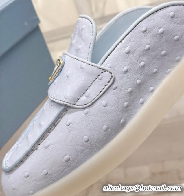 Good Quality Prada Ostrich-Embossed Leather Sabots Flat Mules Light Blue 1D270N 612134