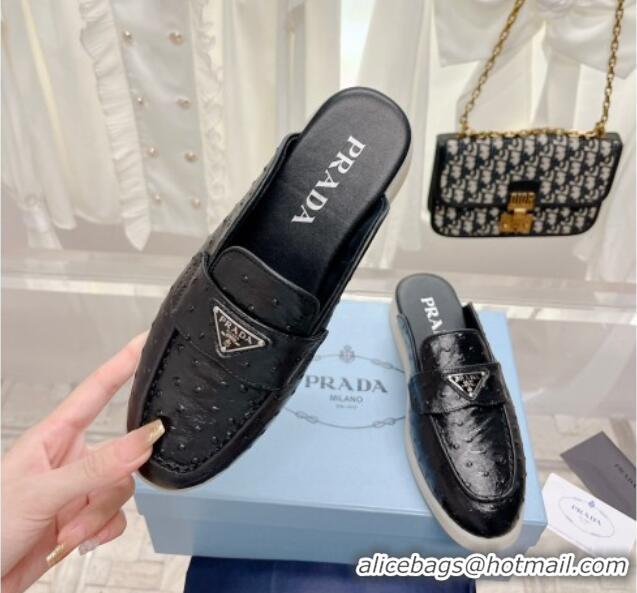 Sophisticated Prada Ostrich-Embossed Leather Sabots Flat Mules Black 1D270N 612135