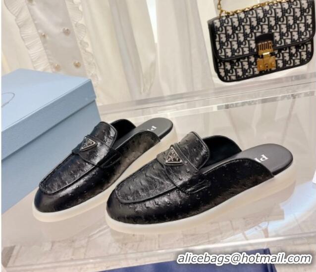 Sophisticated Prada Ostrich-Embossed Leather Sabots Flat Mules Black 1D270N 612135