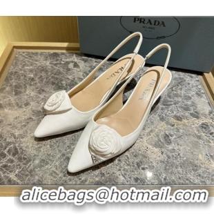 Good Product Prada Patent Leather Slingback Pumps 5cm with Fabric Flower White 612138