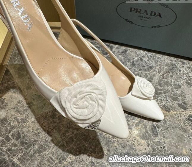 Good Product Prada Patent Leather Slingback Pumps 5cm with Fabric Flower White 612138