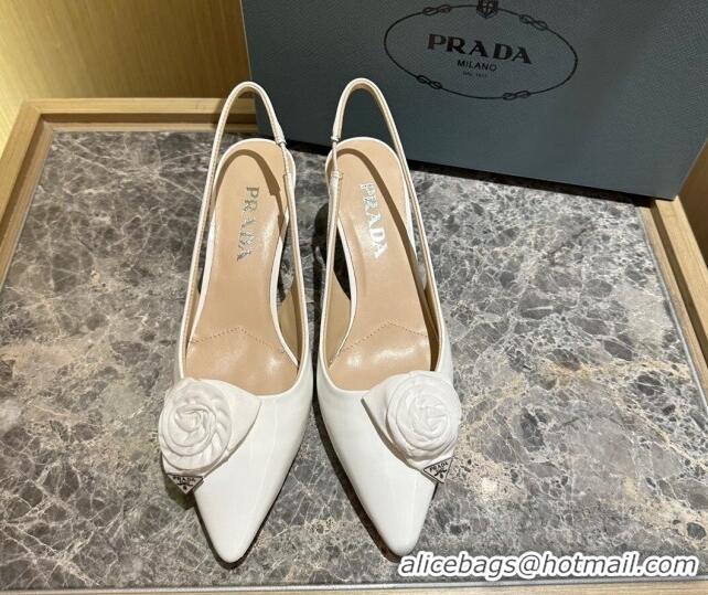 Good Product Prada Patent Leather Slingback Pumps 5cm with Fabric Flower White 612138