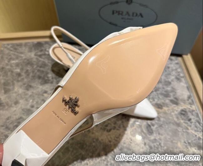 Good Product Prada Patent Leather Slingback Pumps 5cm with Fabric Flower White 612138