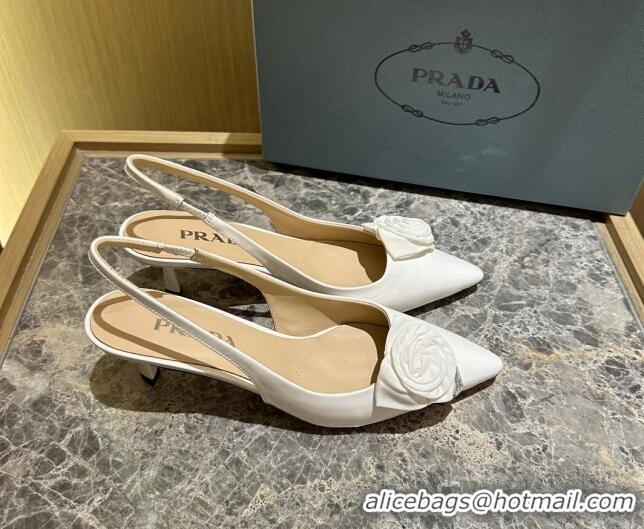 Good Product Prada Patent Leather Slingback Pumps 5cm with Fabric Flower White 612138