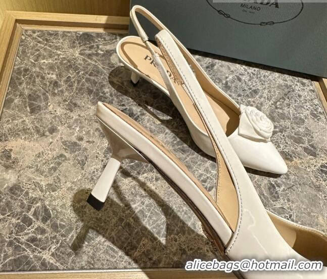 Good Product Prada Patent Leather Slingback Pumps 5cm with Fabric Flower White 612138