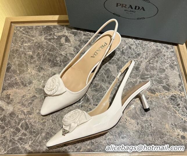 Good Product Prada Patent Leather Slingback Pumps 5cm with Fabric Flower White 612138