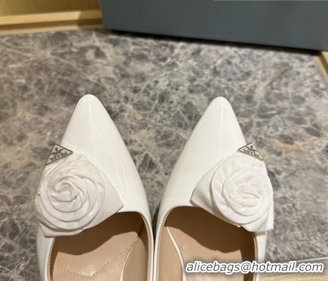 Good Product Prada Patent Leather Slingback Pumps 5cm with Fabric Flower White 612138