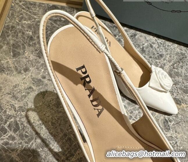 Good Product Prada Patent Leather Slingback Pumps 5cm with Fabric Flower White 612138