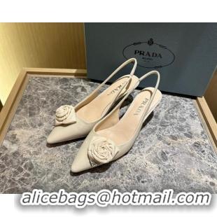 Good Looking Prada Patent Leather Slingback Pumps 5cm with Fabric Flower Light Beige 612139