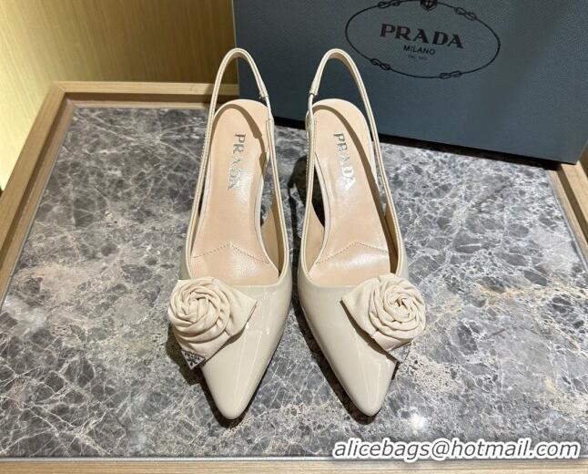 Good Looking Prada Patent Leather Slingback Pumps 5cm with Fabric Flower Light Beige 612139