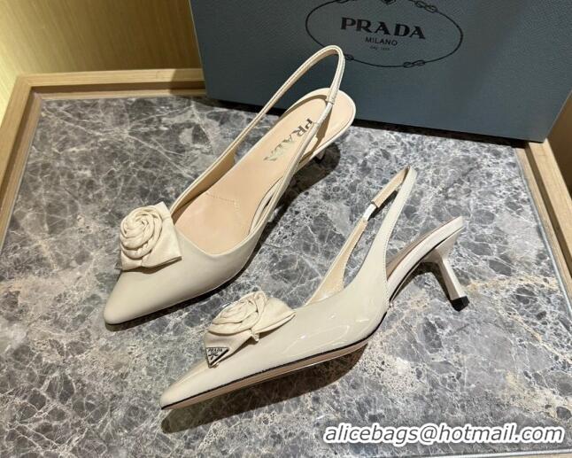 Good Looking Prada Patent Leather Slingback Pumps 5cm with Fabric Flower Light Beige 612139