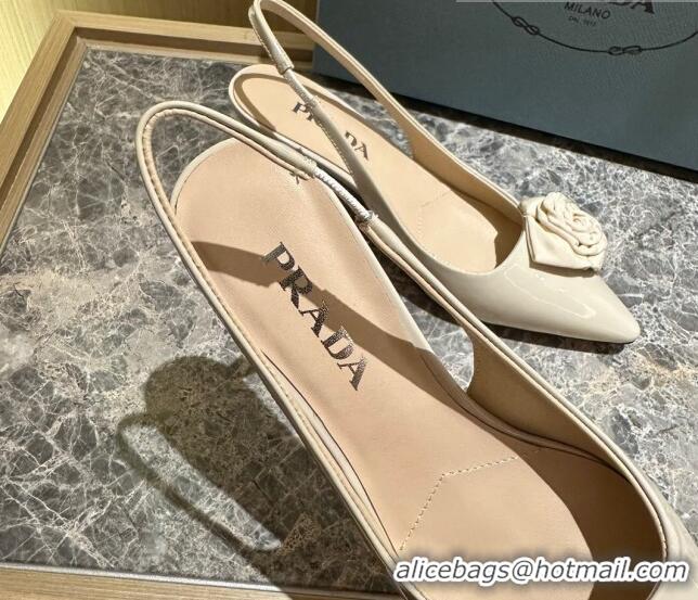 Good Looking Prada Patent Leather Slingback Pumps 5cm with Fabric Flower Light Beige 612139