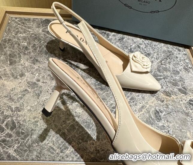 Good Looking Prada Patent Leather Slingback Pumps 5cm with Fabric Flower Light Beige 612139