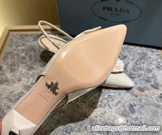 Good Looking Prada Patent Leather Slingback Pumps 5cm with Fabric Flower Light Beige 612139