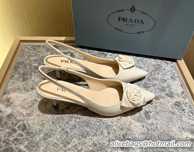 Good Looking Prada Patent Leather Slingback Pumps 5cm with Fabric Flower Light Beige 612139