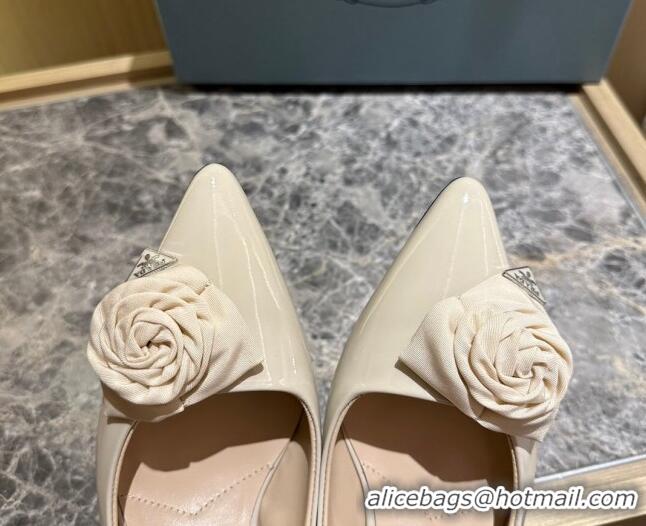 Good Looking Prada Patent Leather Slingback Pumps 5cm with Fabric Flower Light Beige 612139