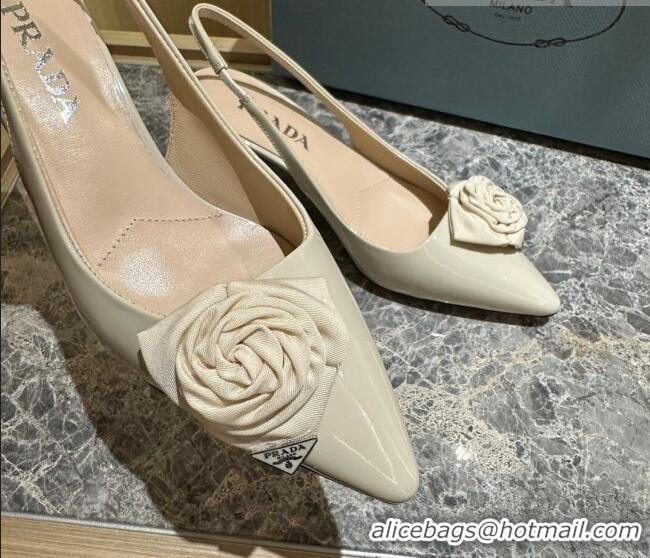 Good Looking Prada Patent Leather Slingback Pumps 5cm with Fabric Flower Light Beige 612139